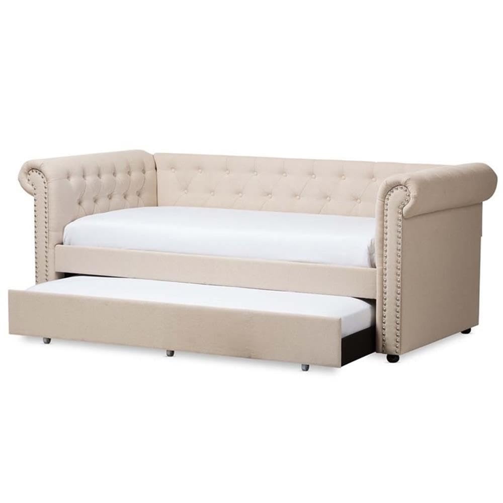 Light Beige Upholstered Twin Daybed with Trundle I352