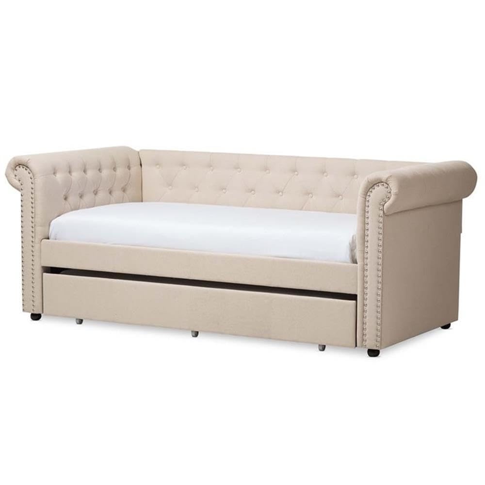 Light Beige Upholstered Twin Daybed with Trundle I352