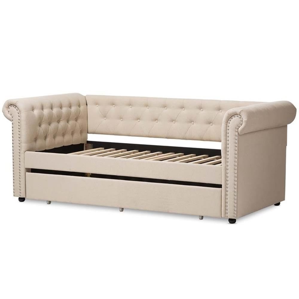 Light Beige Upholstered Twin Daybed with Trundle I352