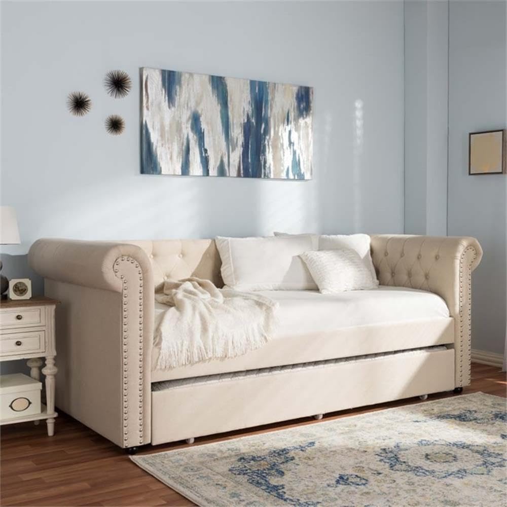 Light Beige Upholstered Twin Daybed with Trundle I352