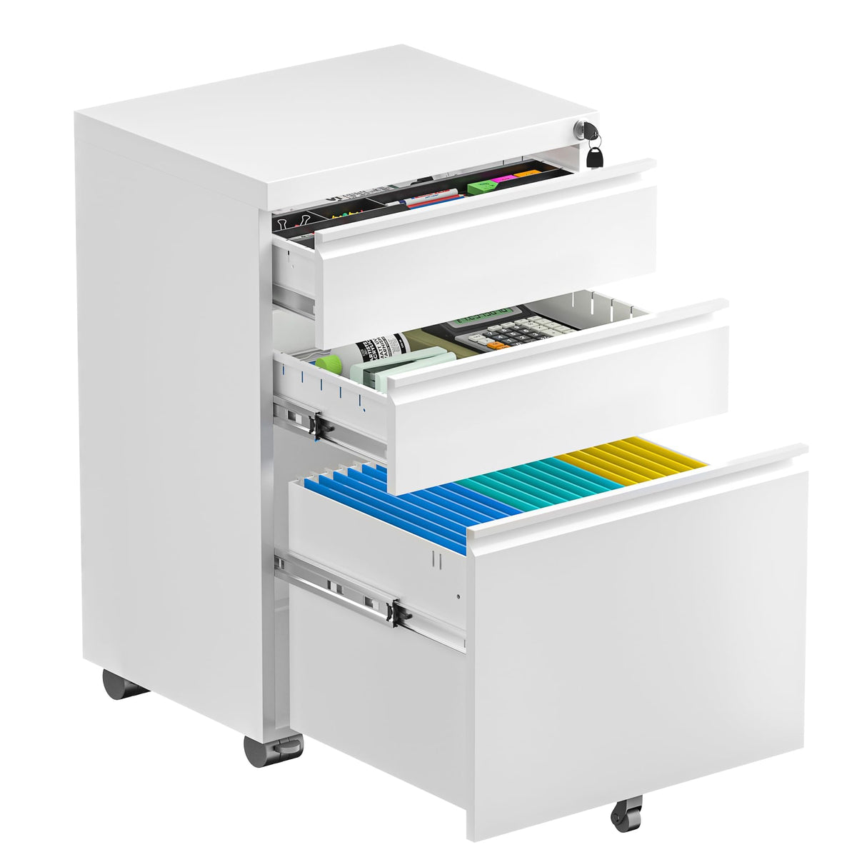 Fully Assembled 3 Drawer White Metal Rolling File Cabinet with Lock W938833