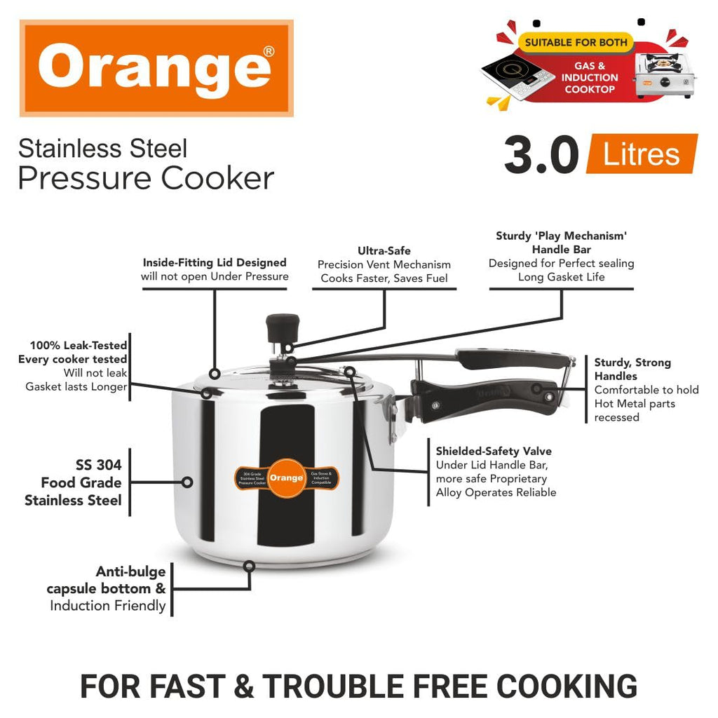 Orange Stainless Steel 3 Litre Pressure Cooker C68270