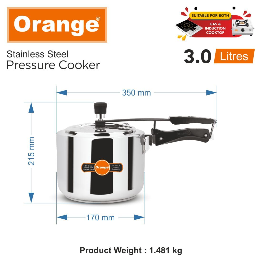 Orange Stainless Steel 3 Litre Pressure Cooker C68270