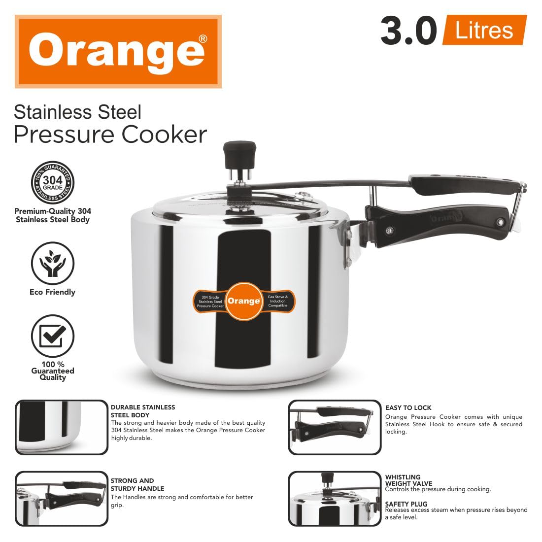 Orange Stainless Steel 3 Litre Pressure Cooker C68270