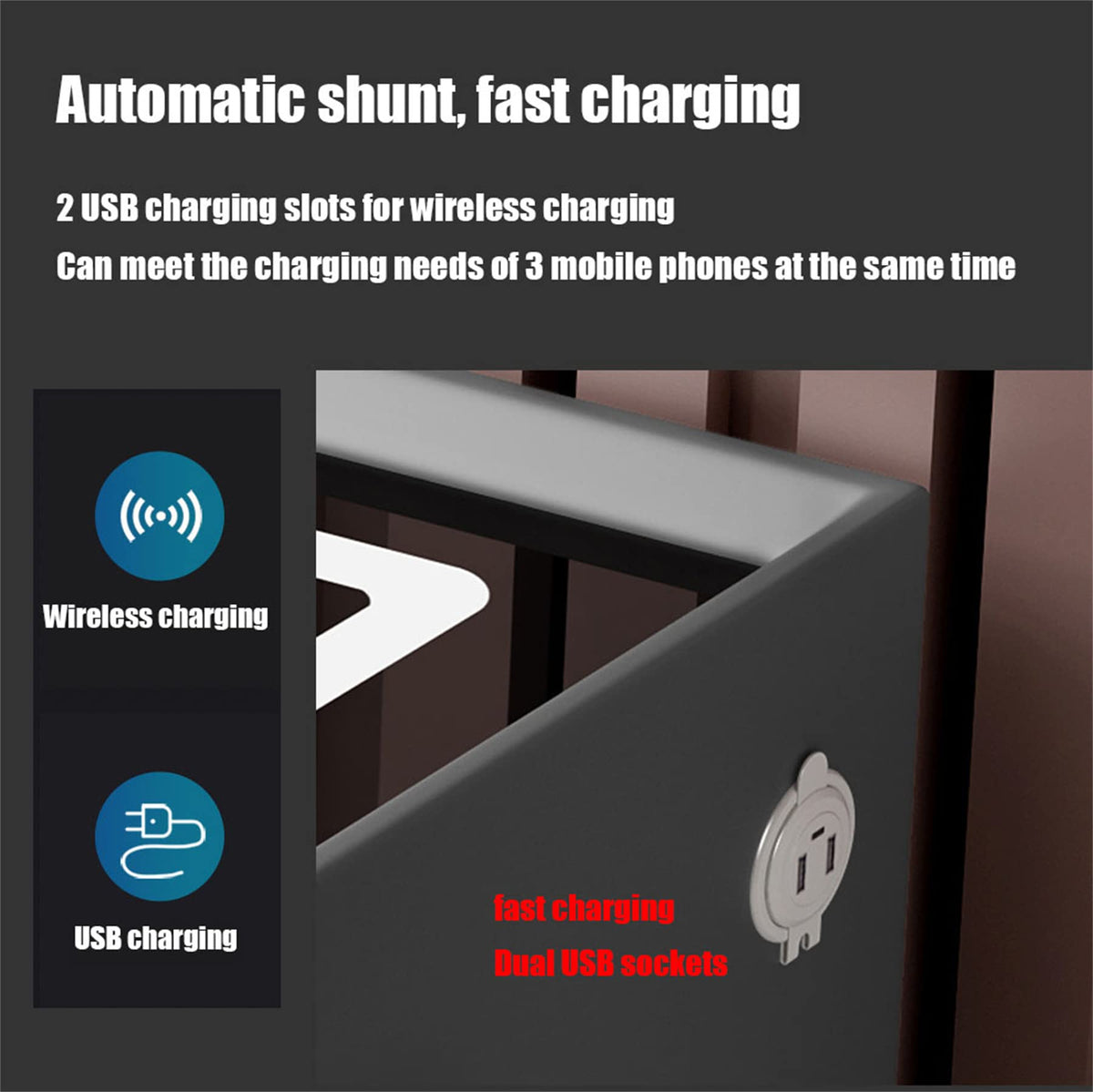 Wooden Nightstand with Wireless Charging Station, USB Port, LED Lights and Fingerprint Lock Drawers D921