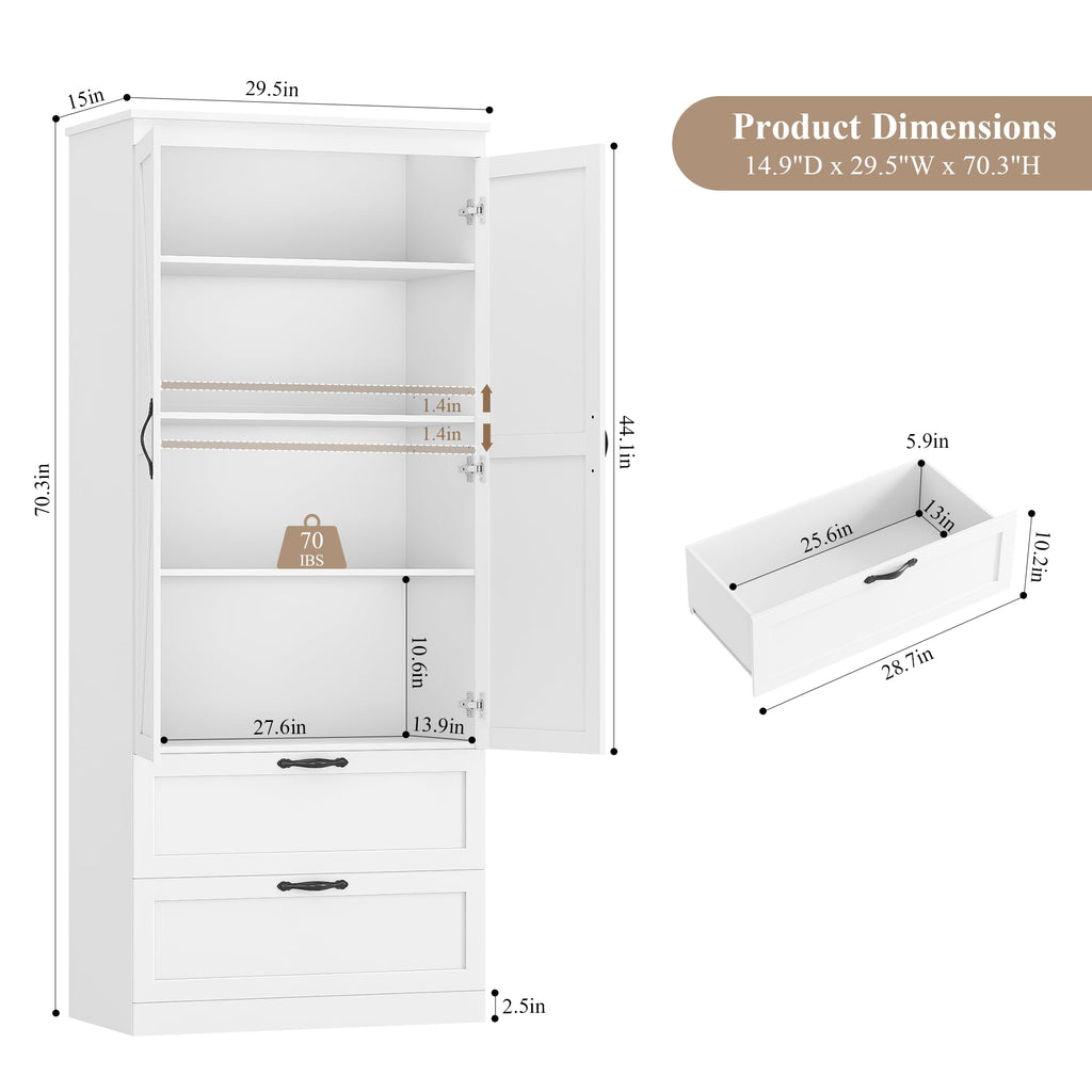 70" White Kitchen Pantry Storage Cabinet H743504