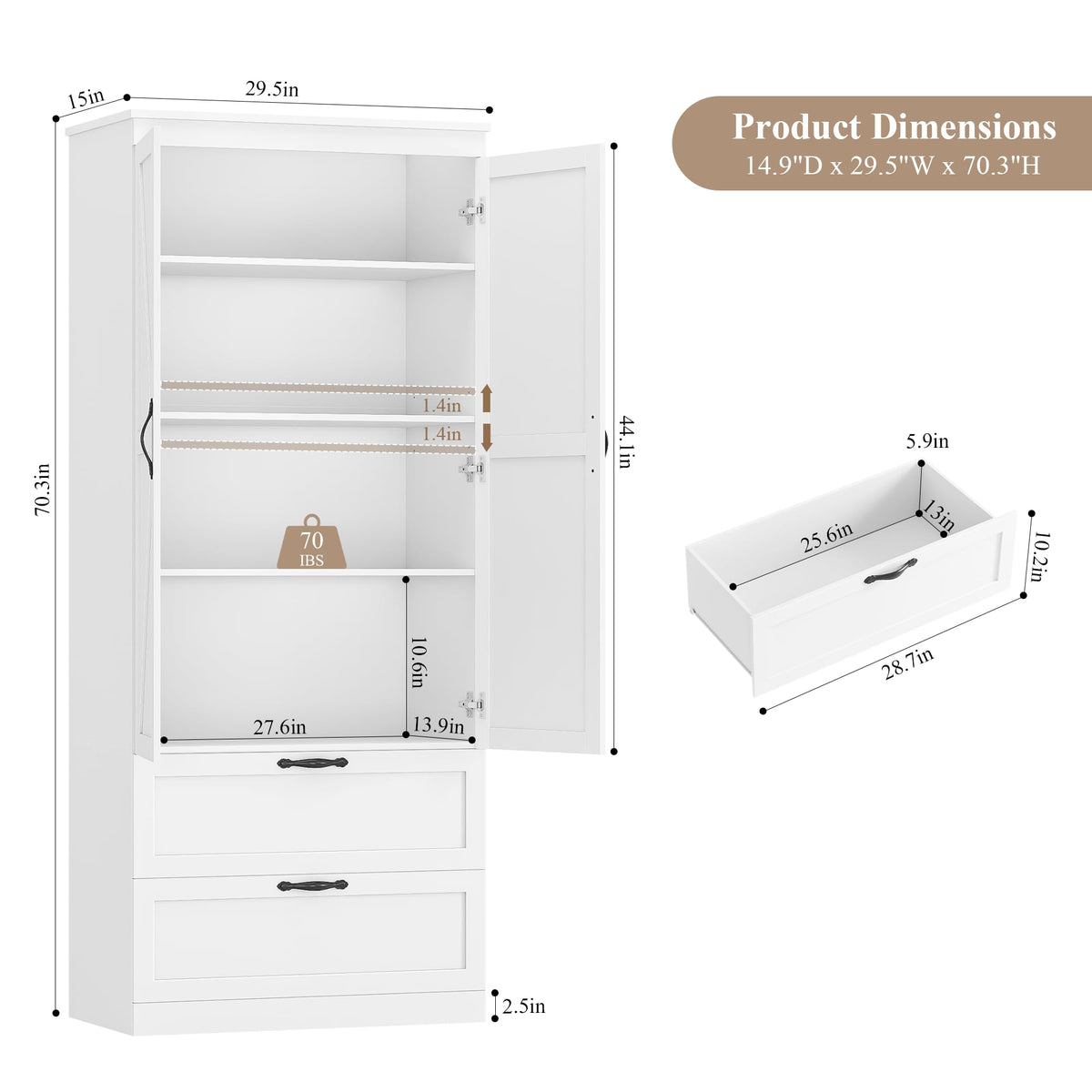 70" White Kitchen Pantry Storage Cabinet H743504