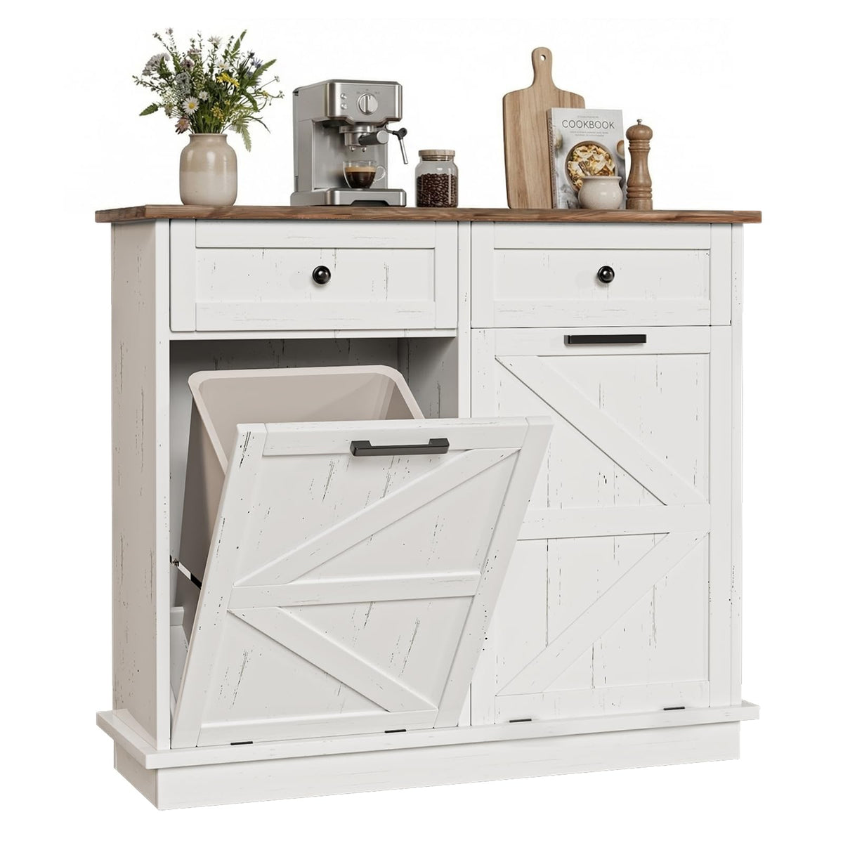 White 20 Gallon Tilt Out Trash Can Cabinet with Drawers C997108