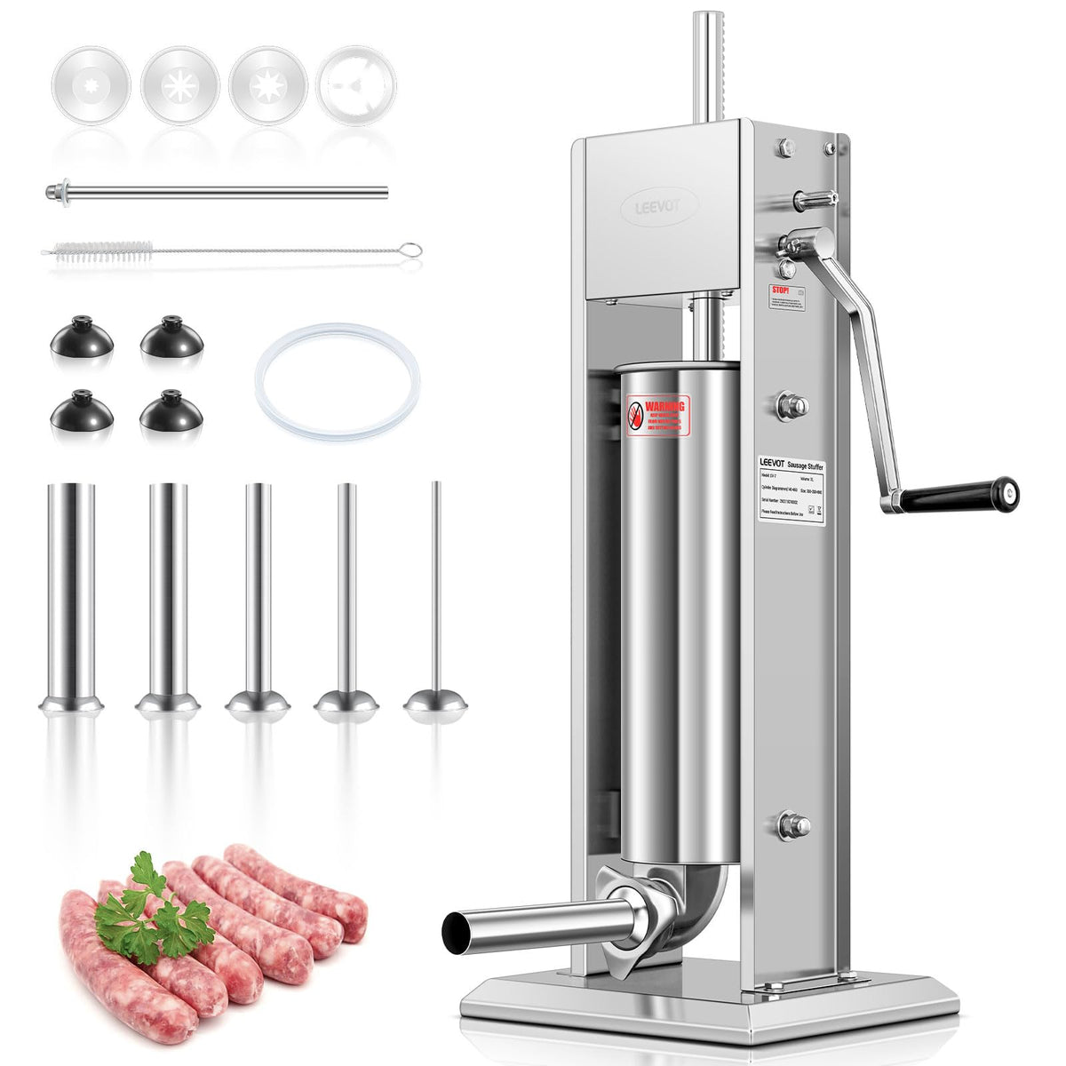 15LBS/7L Manual Stainless Steel Sausage Stuffer with 5 Stuffing Tubes L56208