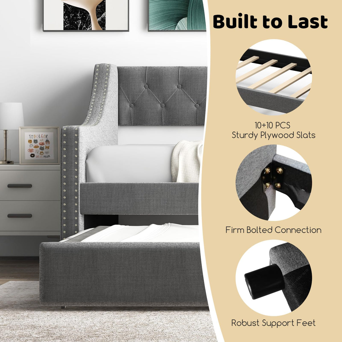 Grey Upholstered Twin Daybed with Trundle C22713