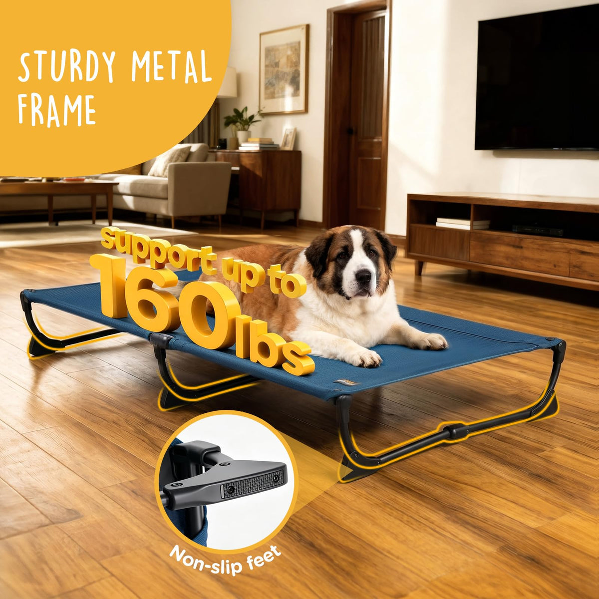 Large Elevated Dog Cot with Non-Slip Feet, Dark Blue Q384