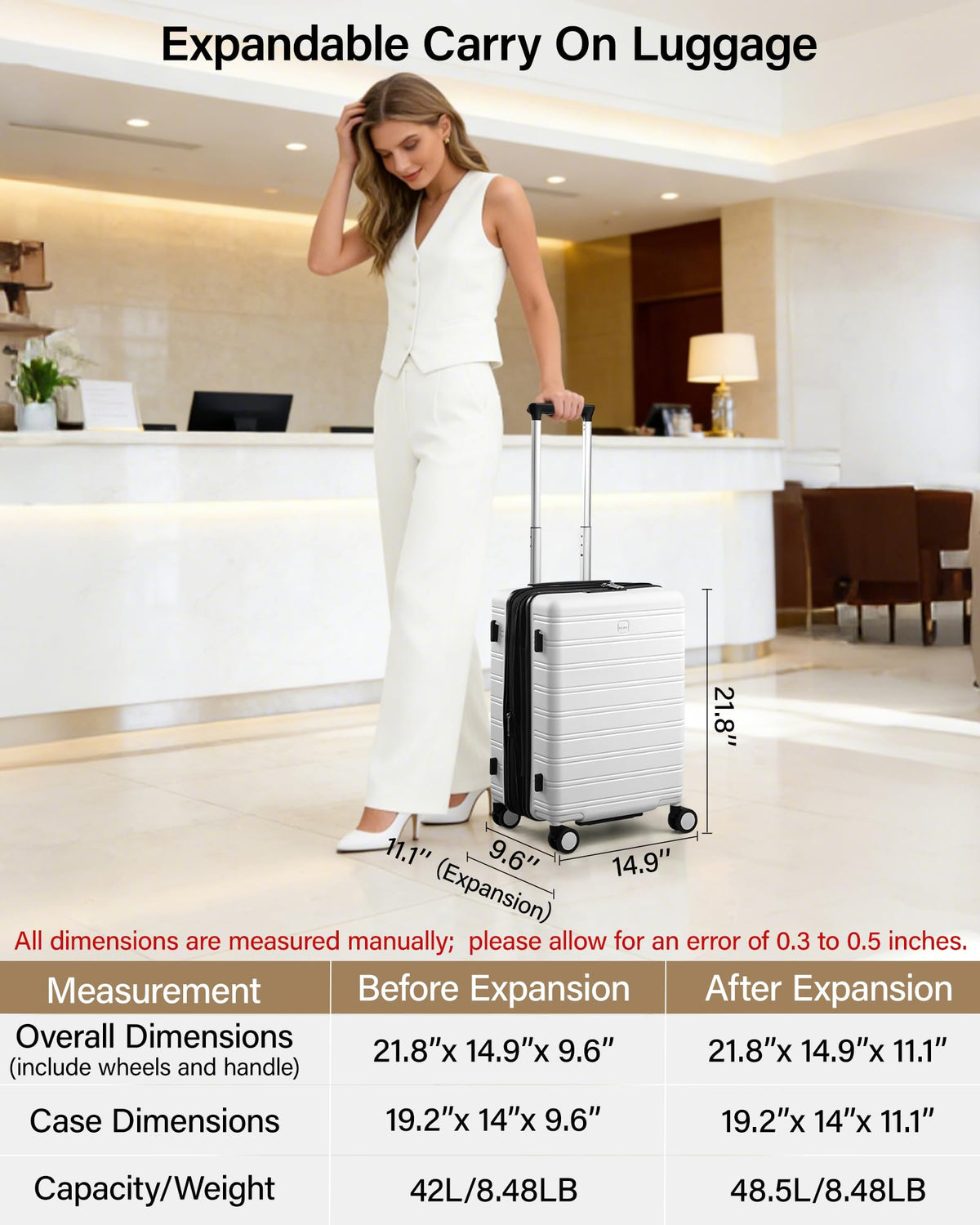 20-Inch Hardside Expandable Carry-On Luggage Suitcase, White O194