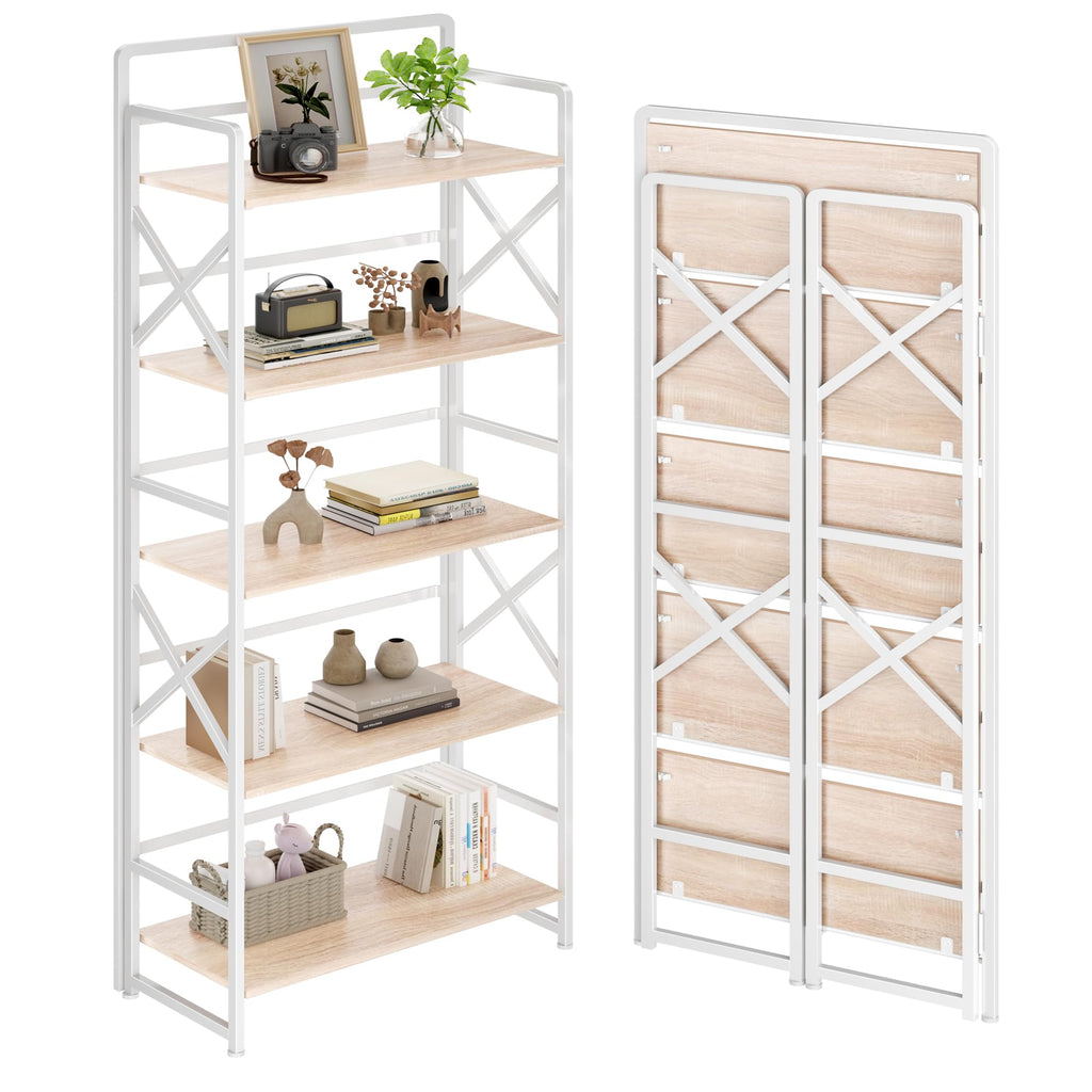 Folding Bookshelf 5 Tiers No Assembly Beige A39174