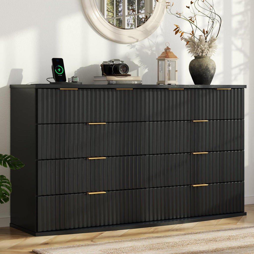 Black 8 Drawer Fluted Wood Dresser with Power Outlet C174