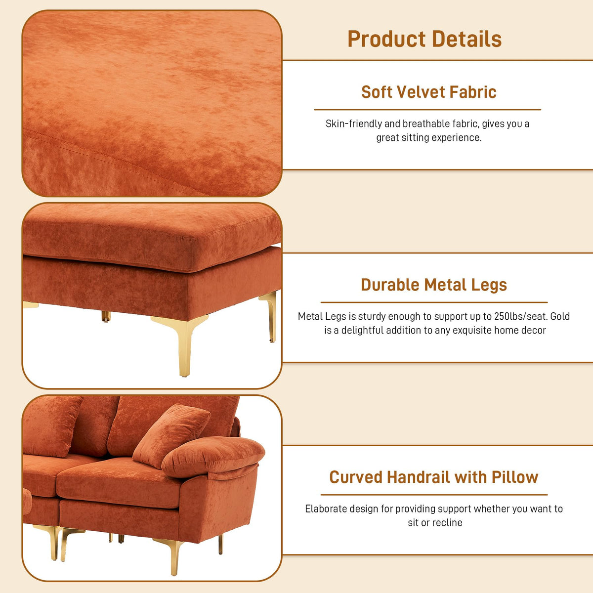 114" U-Shaped Velvet Sectional Couch with Ottoman L198