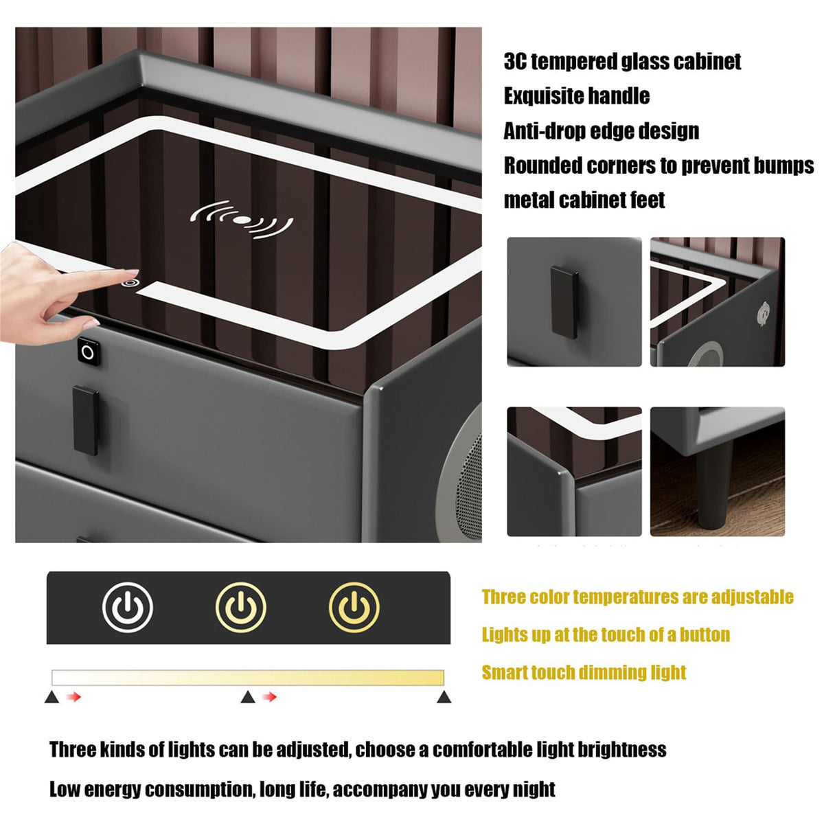 Wooden Nightstand with Wireless Charging Station, USB Port, LED Lights and Fingerprint Lock Drawers D921