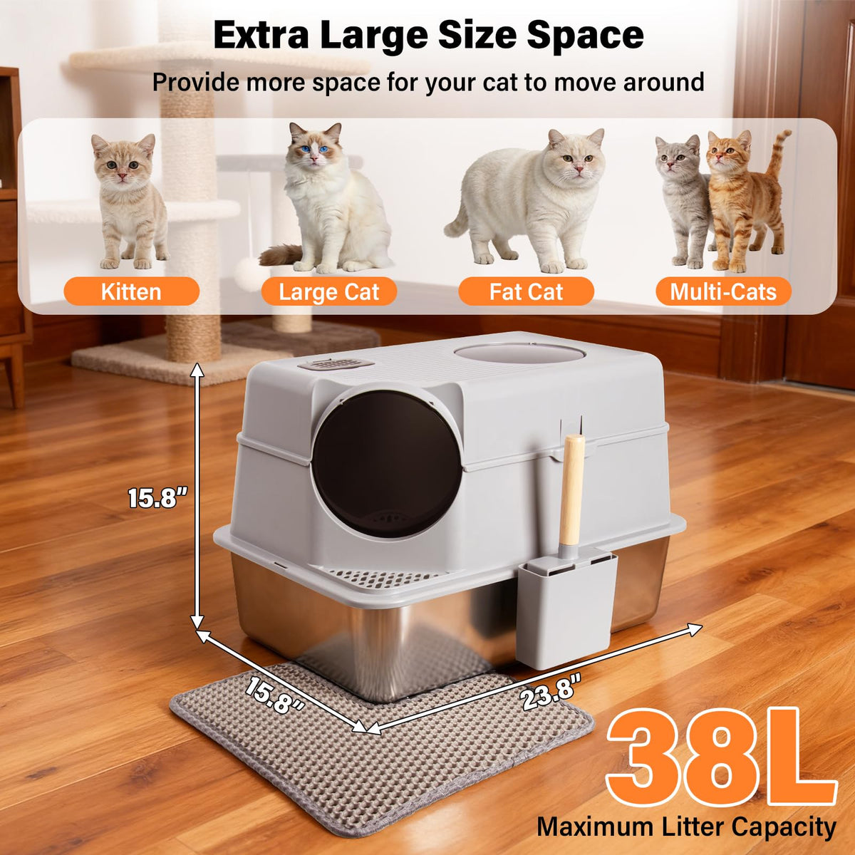 Stainless Steel Extra Large Enclosed Cat Litter Box T432