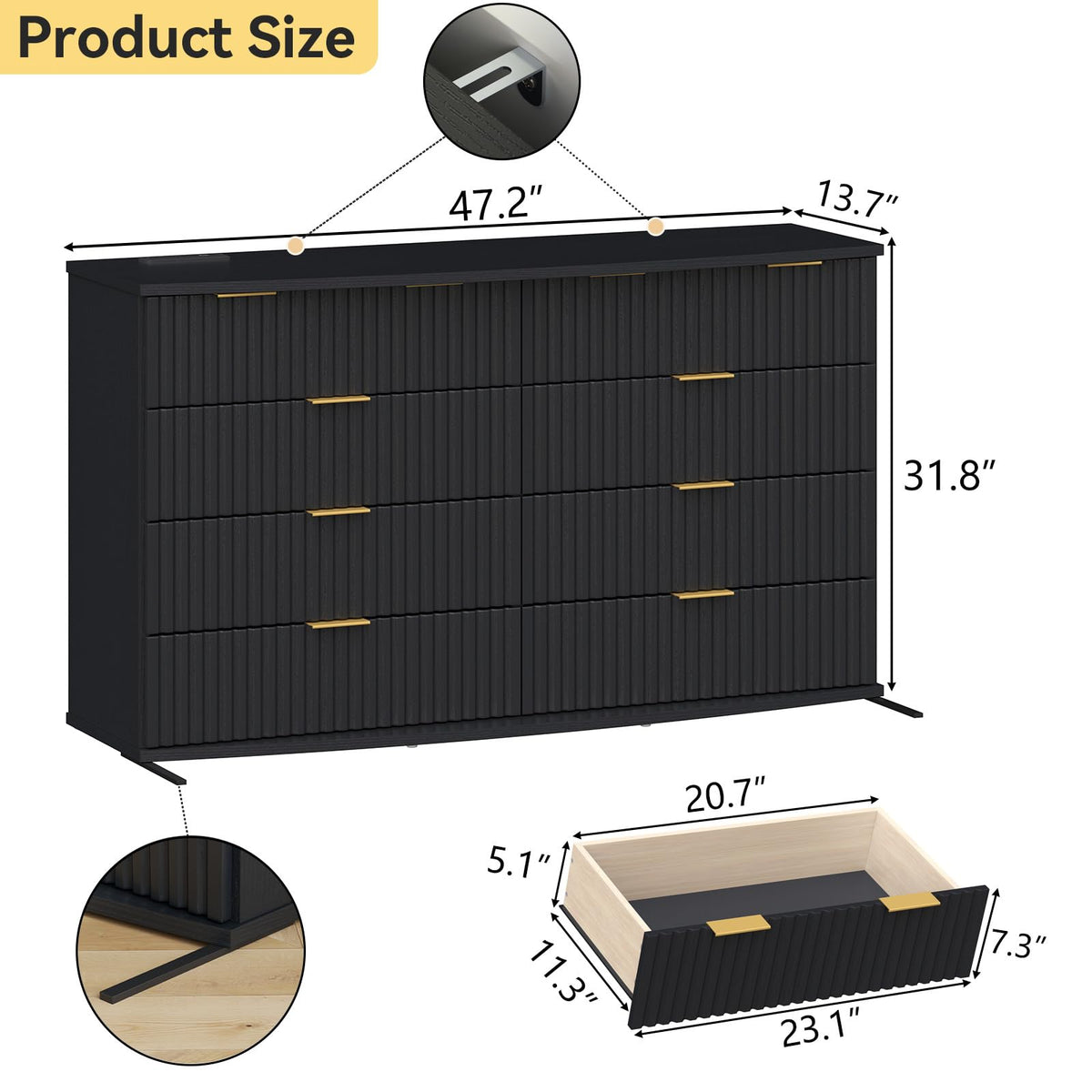 Black 8 Drawer Fluted Wood Dresser with Power Outlet C174