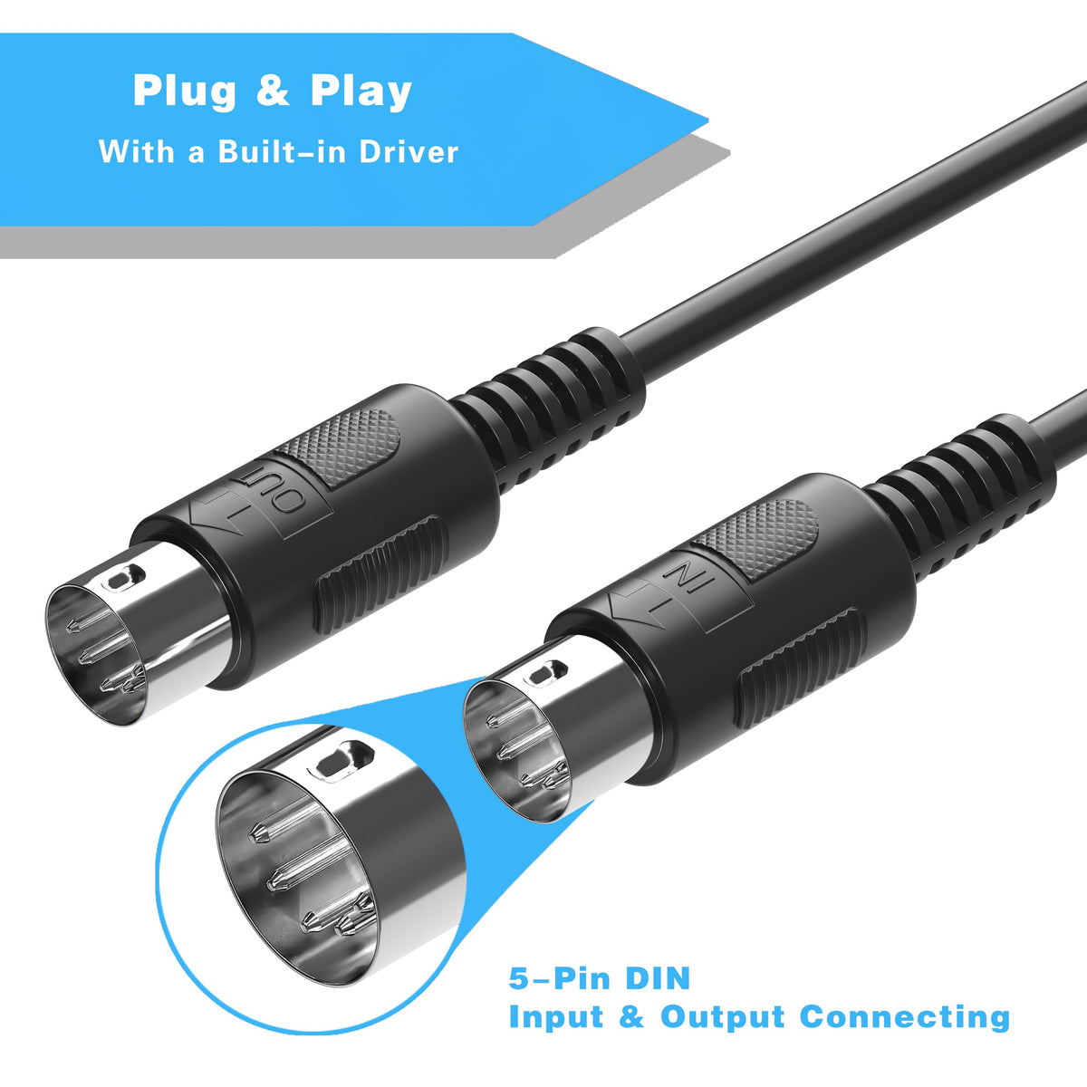 MIDI to USB Interface Cable with Input Output Black Orange 6.5Ft F5678