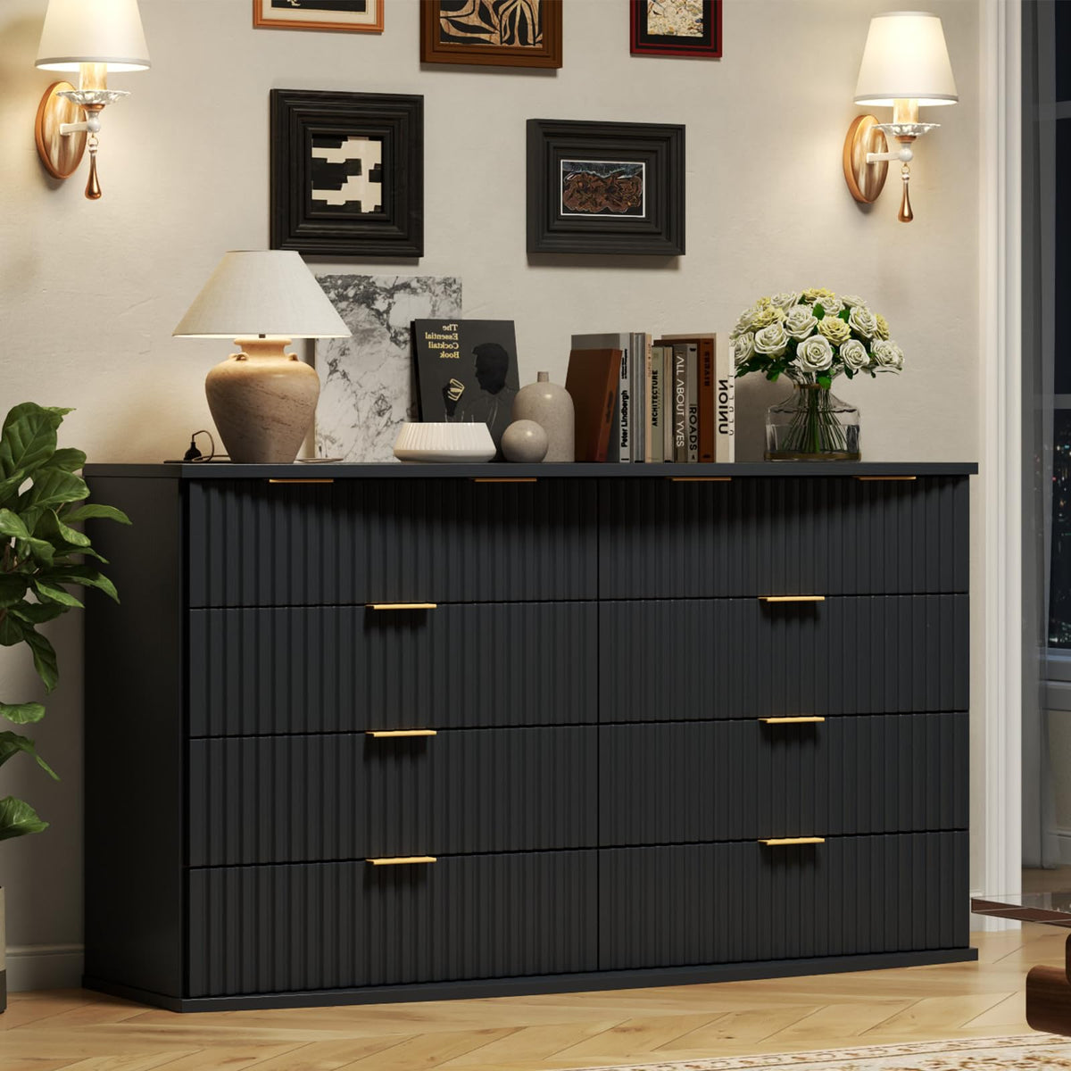 Black 8 Drawer Fluted Wood Dresser with Power Outlet C174