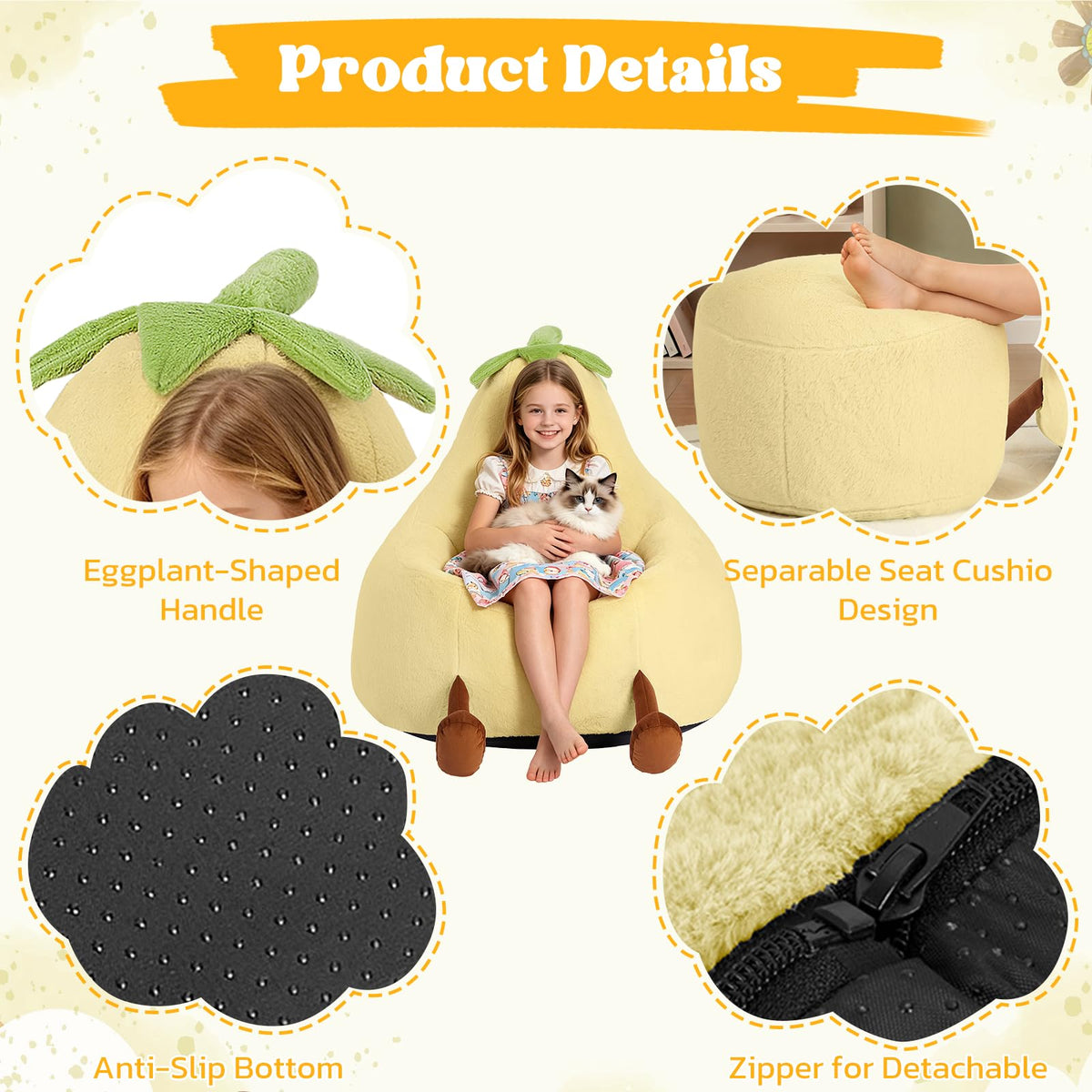 Yellow Faux Rabbit Fur Memory Foam Bean Bag Chair X92073