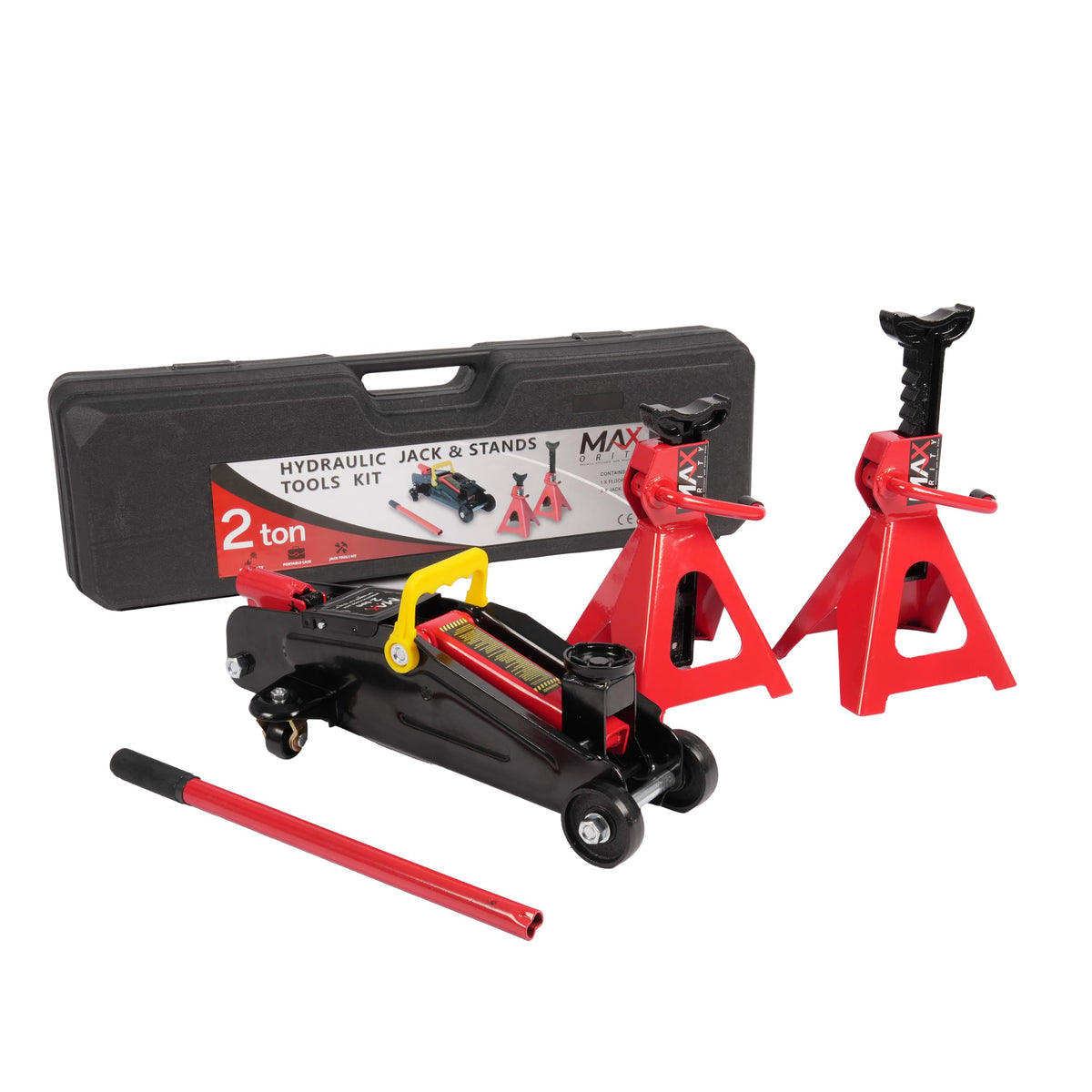 2-Ton Hydraulic Low Profile Trolley Floor Jack with Case and 1 Pair 2 Ton Jack Stands U71357