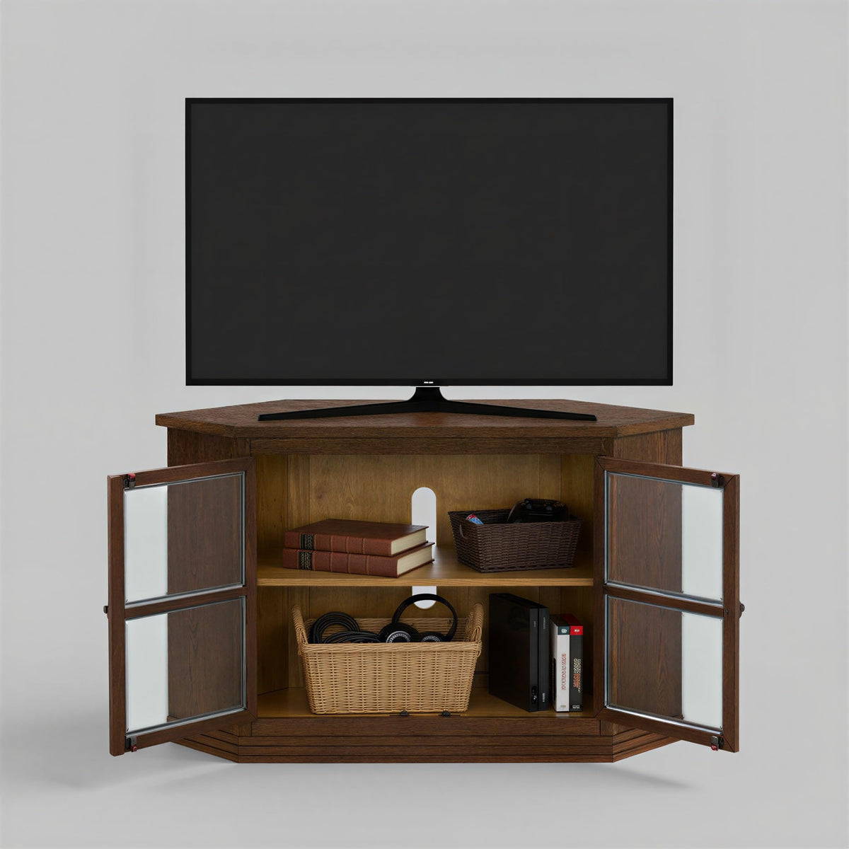 Cocoa Brown Wood and Glass Corner TV Stand N8355
