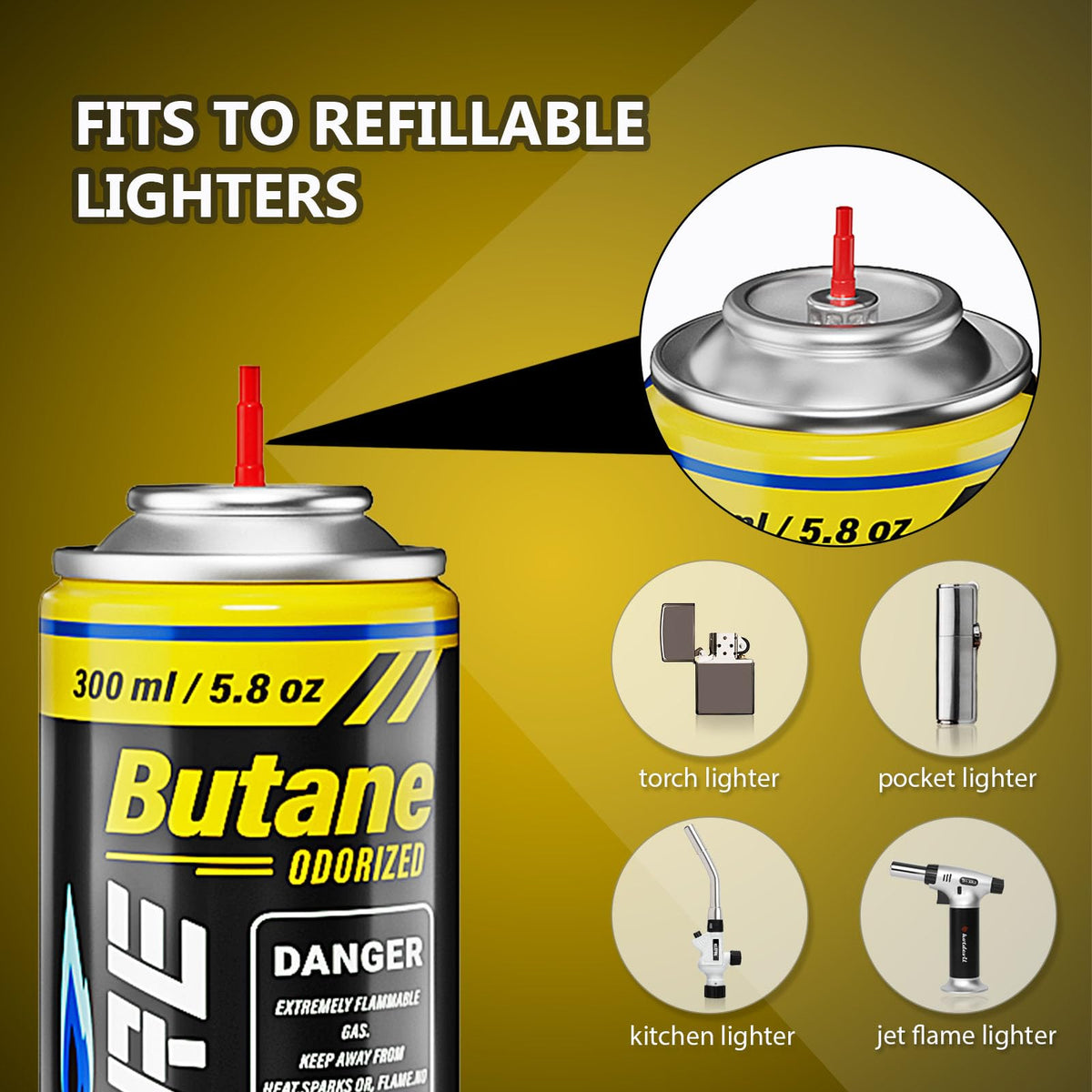 Pack of 2 Butane Fuel Refill 10.56 fl oz Canister with 5 Nozzle Adapters L69192