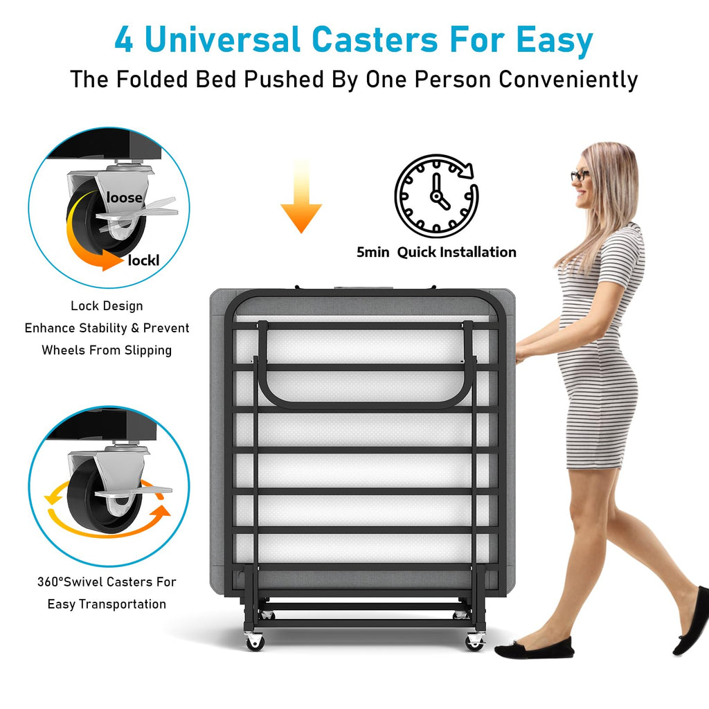 Folding Bed with Mattress on Wheels H158547