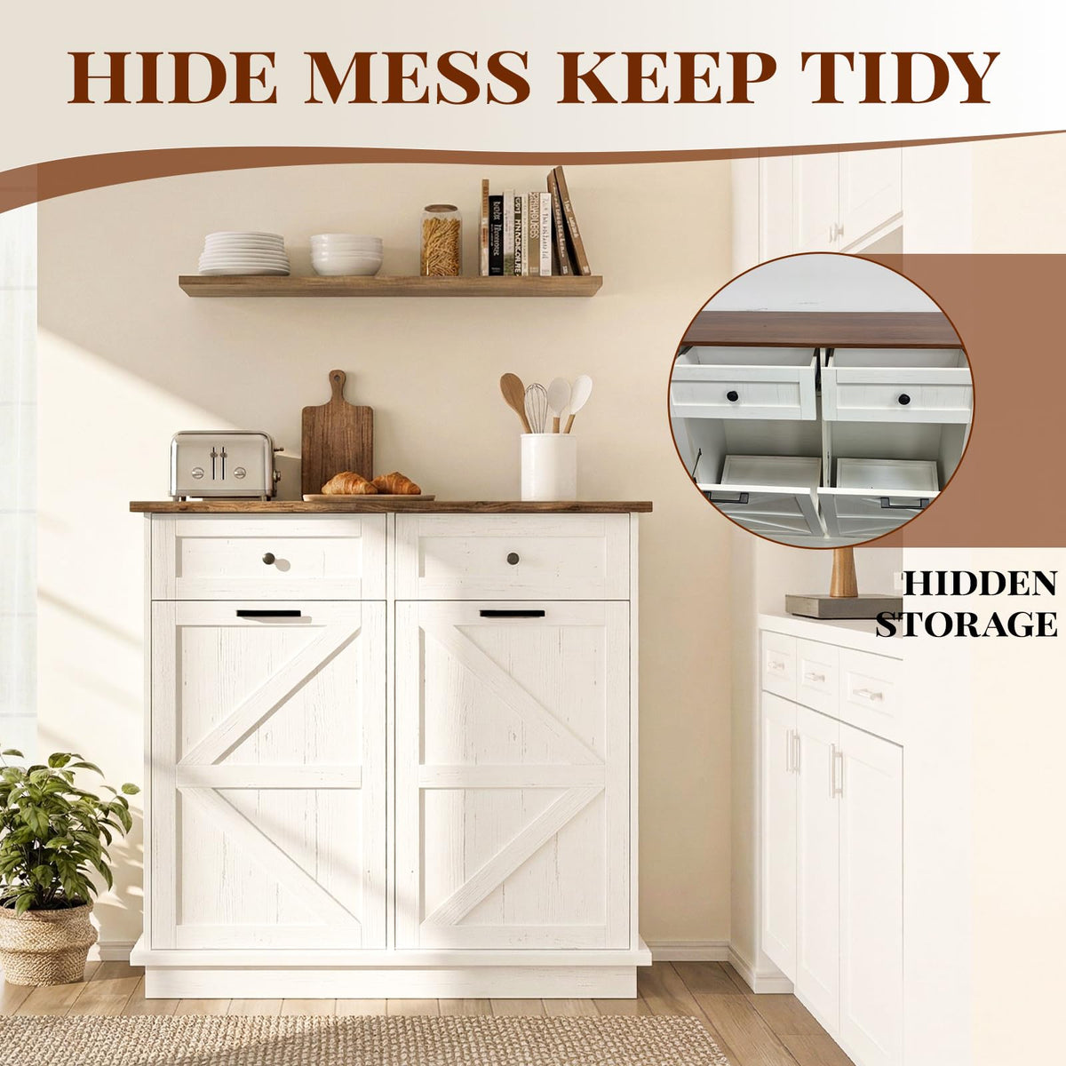 White 20 Gallon Tilt Out Trash Can Cabinet with Drawers C997108