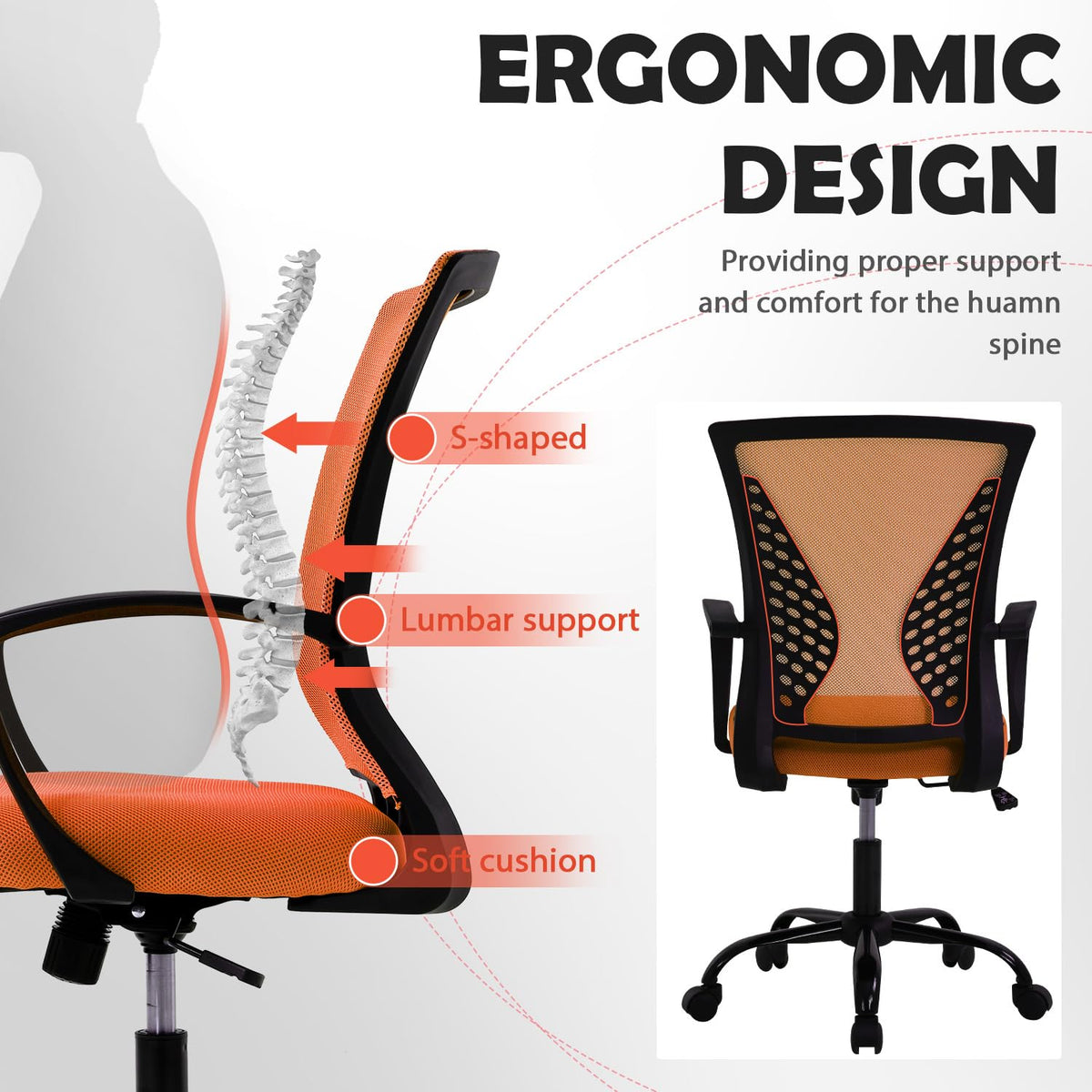 Orange Adjustable Mesh Ergonomic Office Chair with Lumbar Support K6961