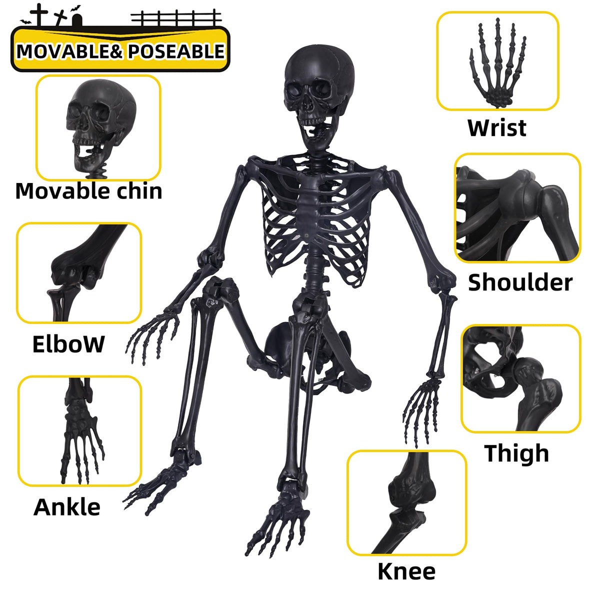 5.4Ft Posable Skeleton with Movable Joints and 2PC Black Feathered Crows A170525