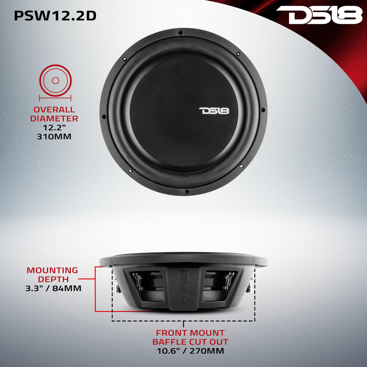 12" Shallow Mount Subwoofer 1200 Watts Max Power Dual Voice Coil 2+2 OHMS Water Resistant Y233