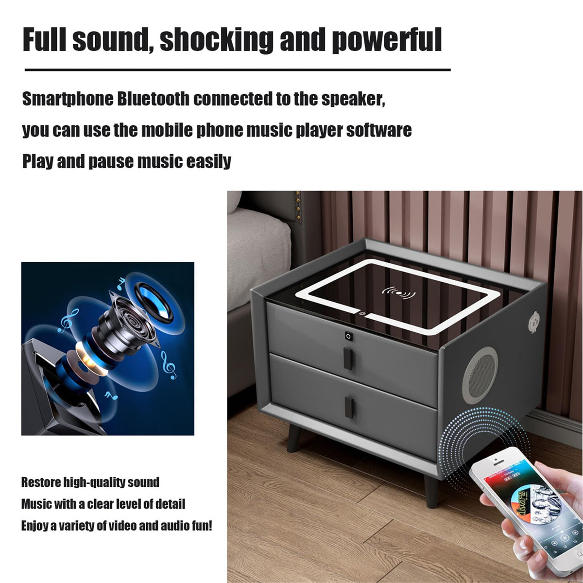 Wooden Nightstand with Wireless Charging Station, USB Port, LED Lights and Fingerprint Lock Drawers D921