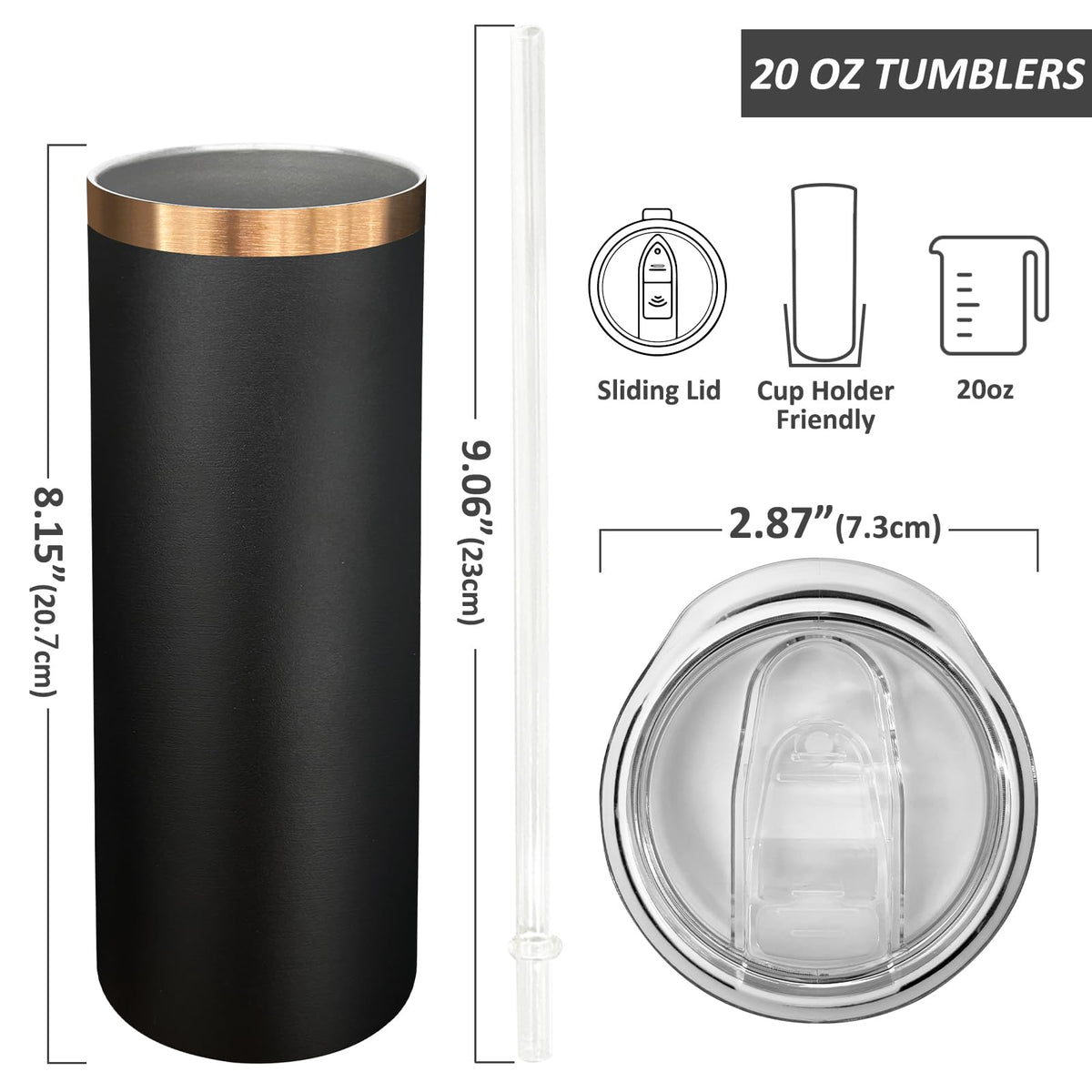 20 oz Skinny Tumblers with Lids and Straws Black E500