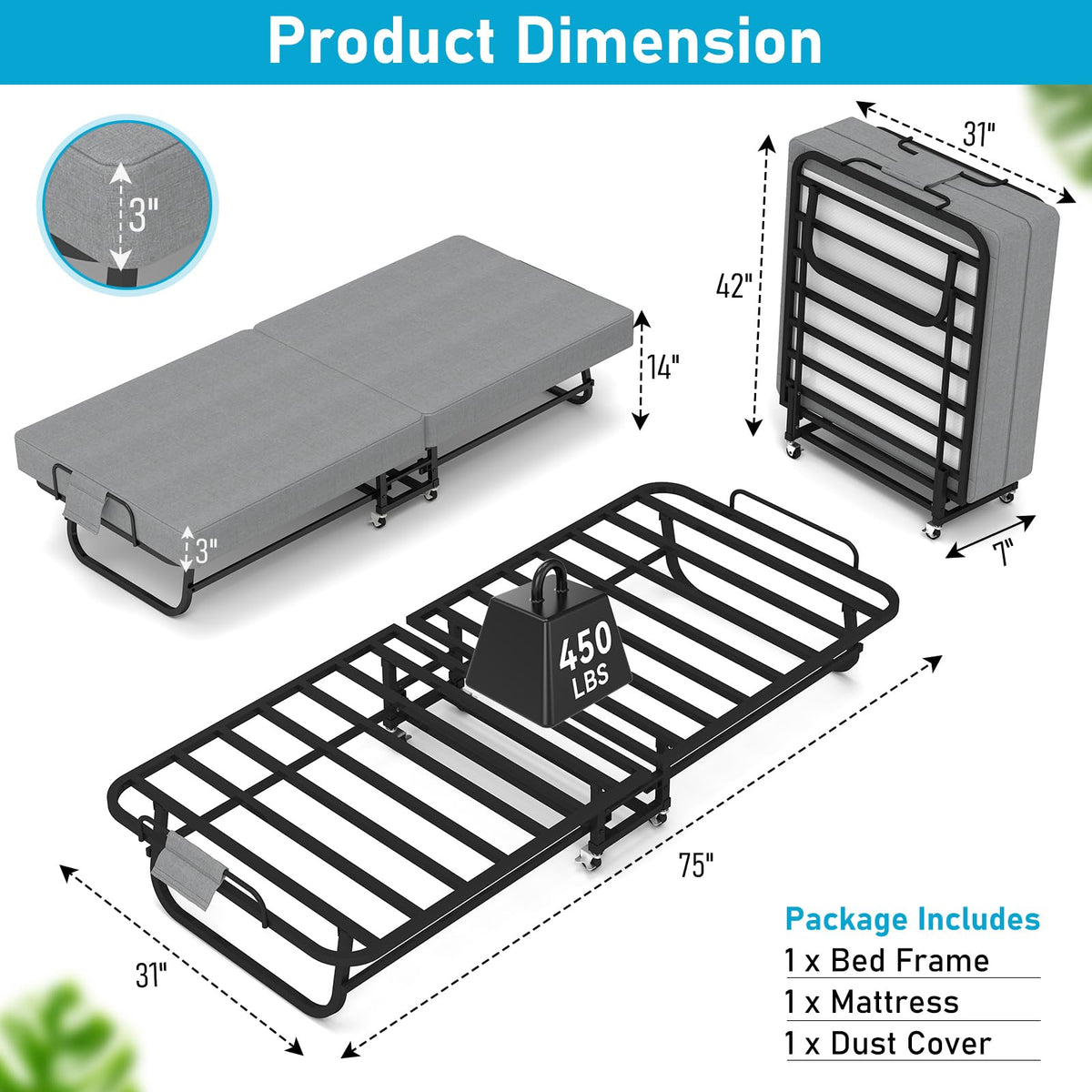 Folding Bed with Mattress on Wheels H158547