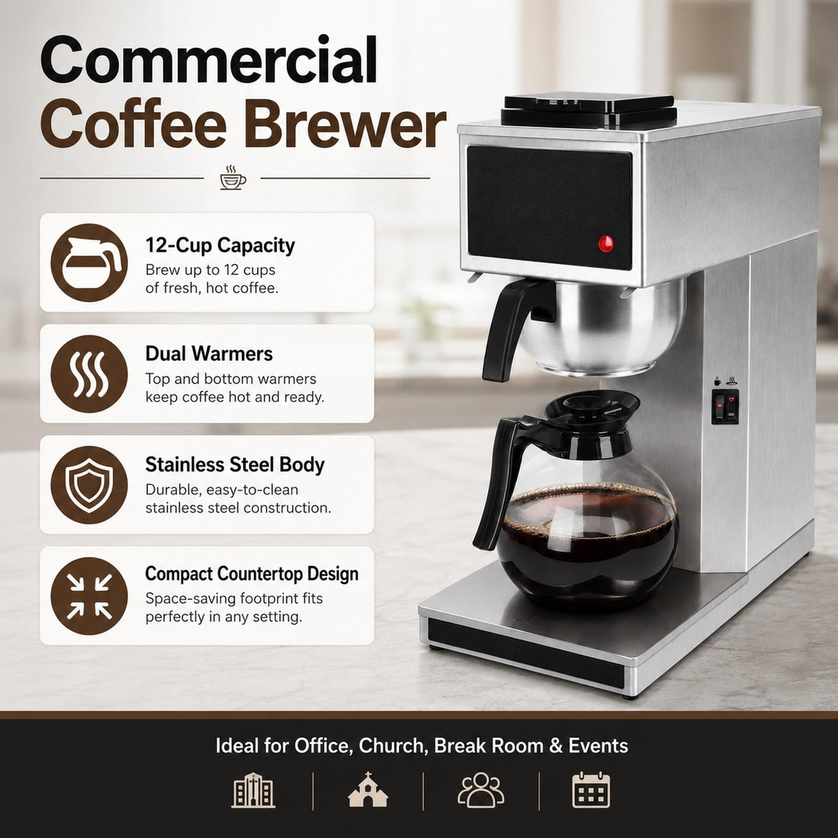 Commercial 12-Cup Stainless Steel Drip Coffee Maker with Dual Warmers A585929