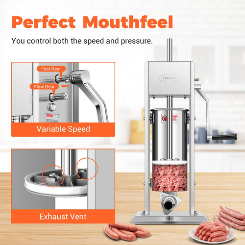 15LBS/7L Manual Stainless Steel Sausage Stuffer with 5 Stuffing Tubes L56208
