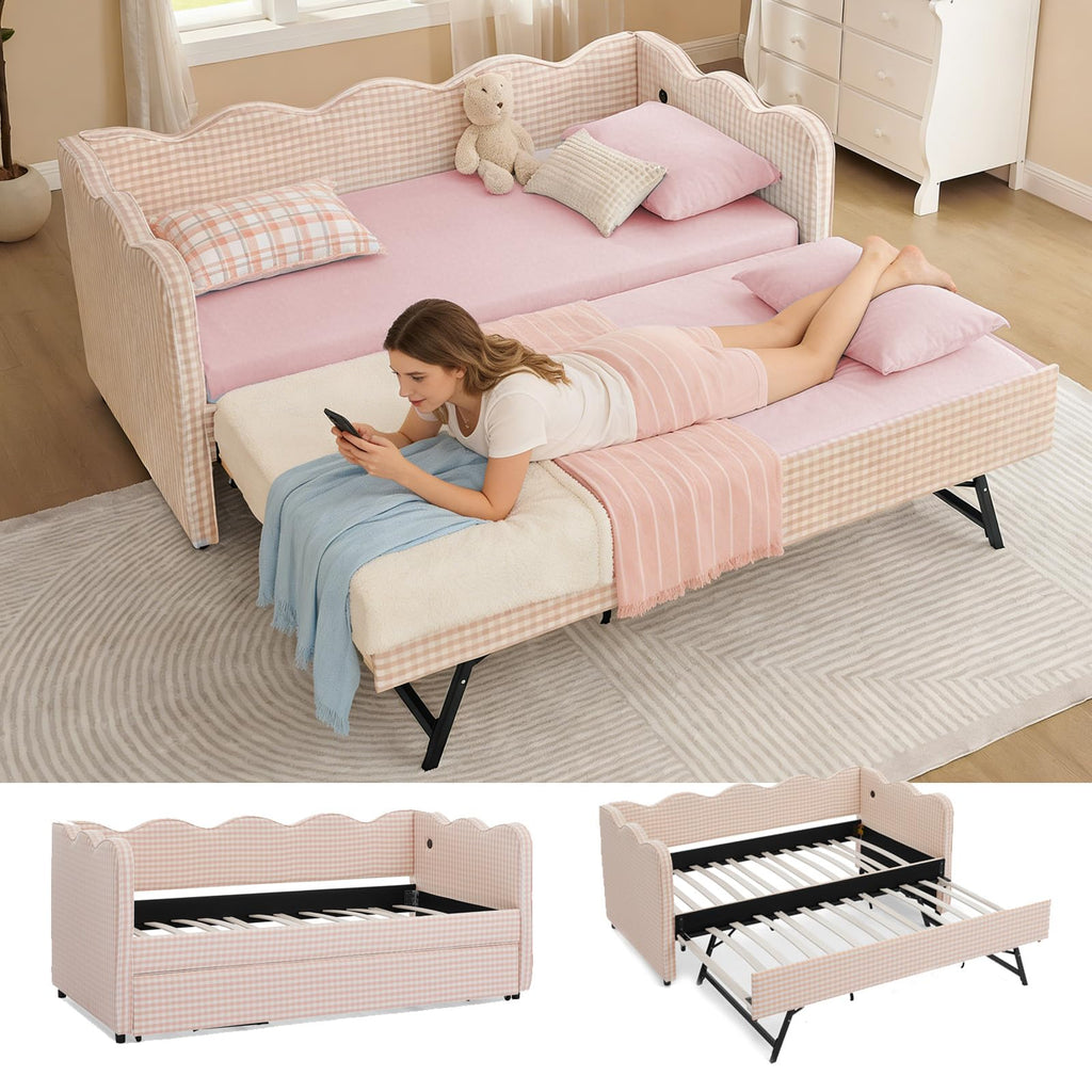 Pink Twin Size Gingham Daybed with Trundle S977689