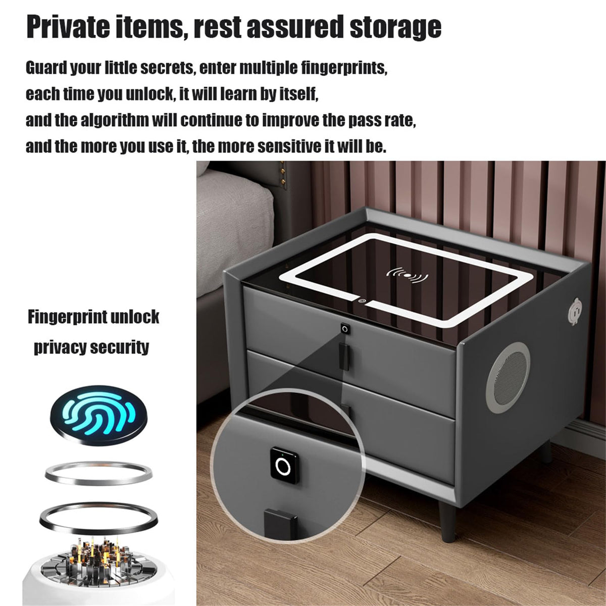 Wooden Nightstand with Wireless Charging Station, USB Port, LED Lights and Fingerprint Lock Drawers D921
