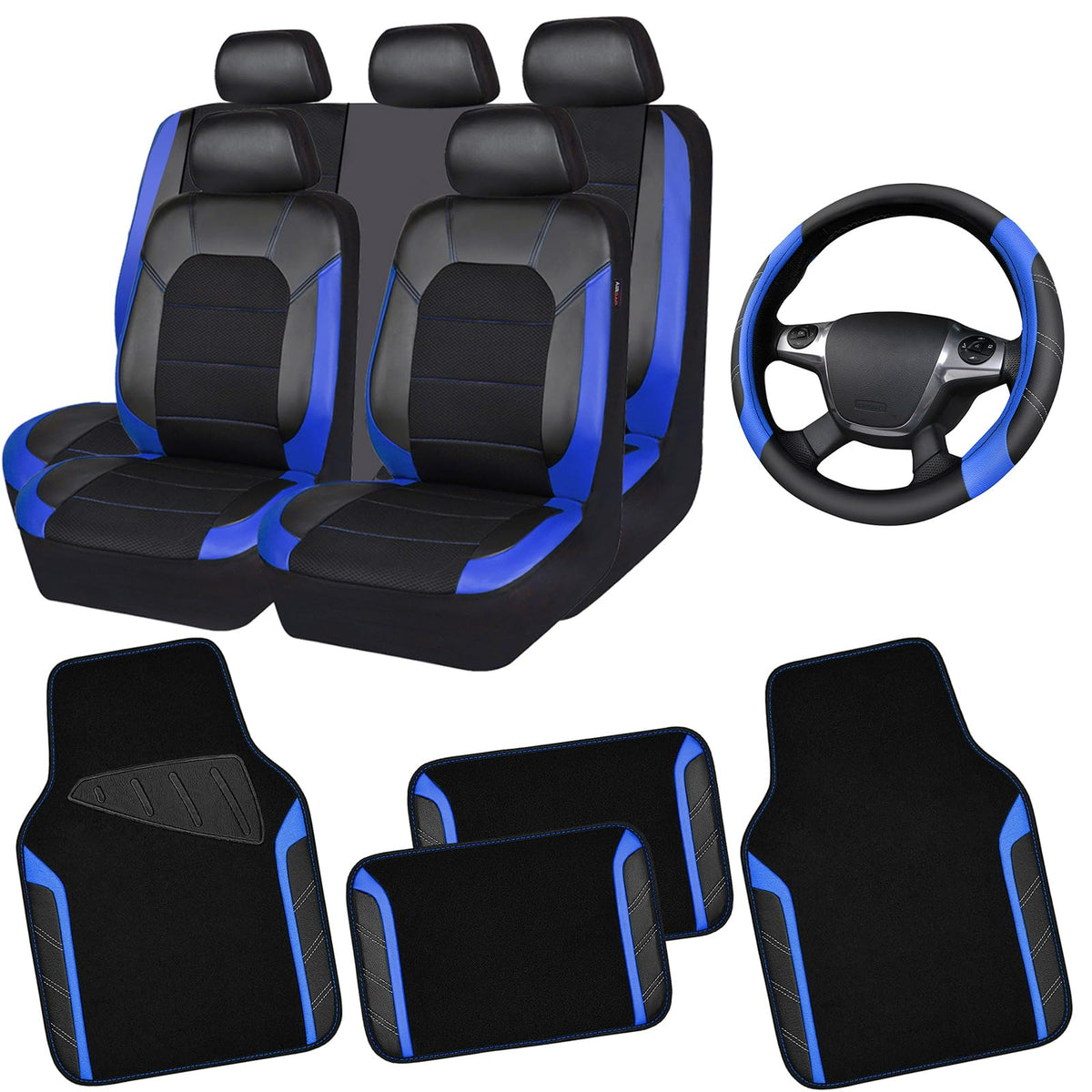 Air Mesh Leather Car Seat Covers Full Set, Waterproof Car Floor Mats, Steering Wheel Cover V7188