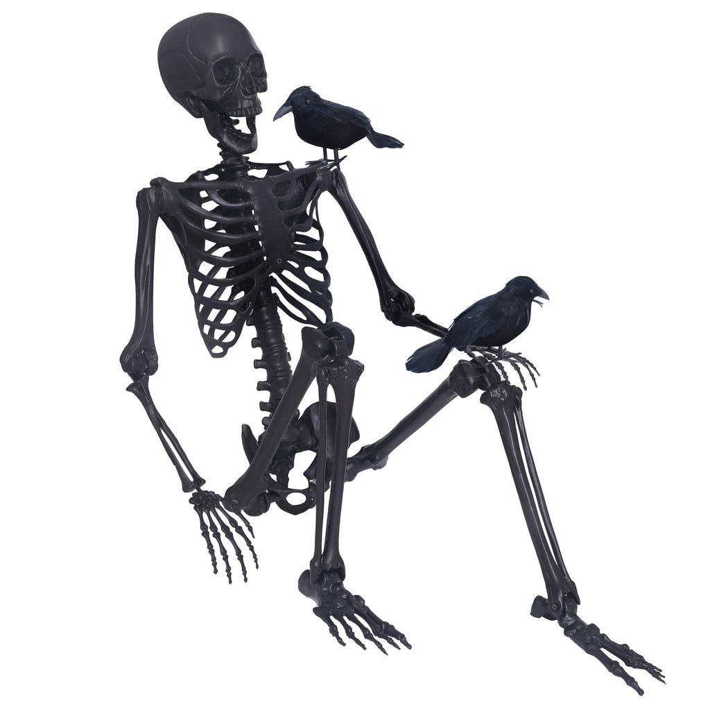 5.4Ft Posable Skeleton with Movable Joints and 2PC Black Feathered Crows A170525
