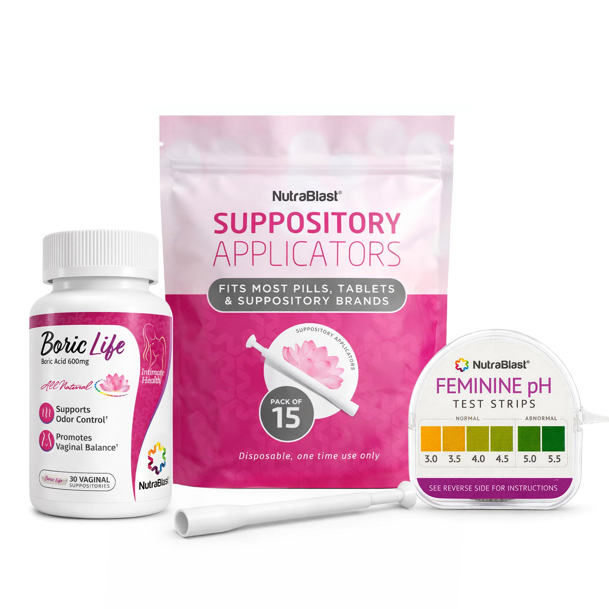 Boric Acid Suppositories 600mg 30 Count with Applicators and pH Test Strips X538840