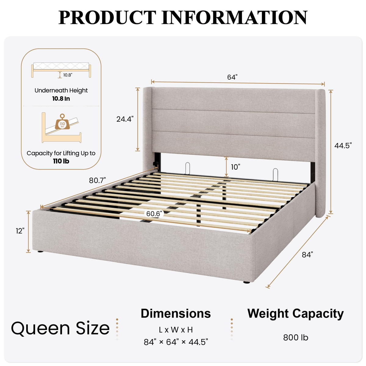 Queen Size Lift Up Hydraulic Storage Bed Frame Light Beige G697