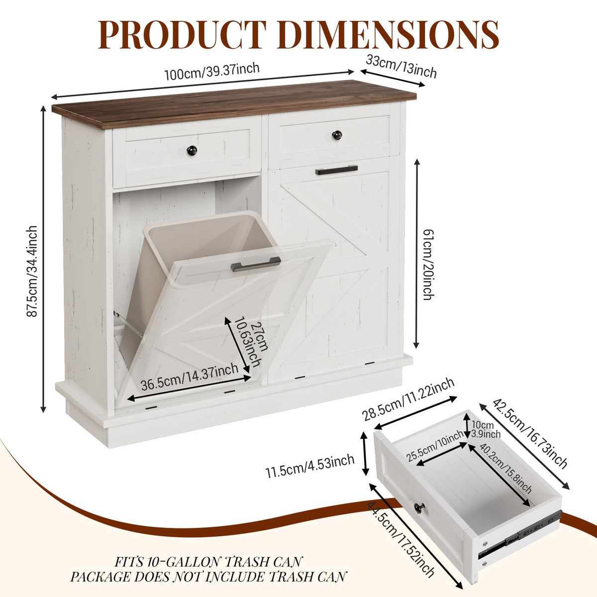 White 20 Gallon Tilt Out Trash Can Cabinet with Drawers C997108