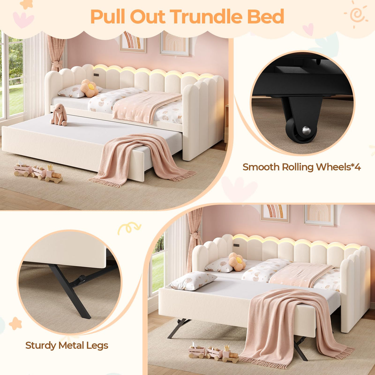 Beige Twin Velvet Upholstered Daybed with Pop Up Trundle Q37922