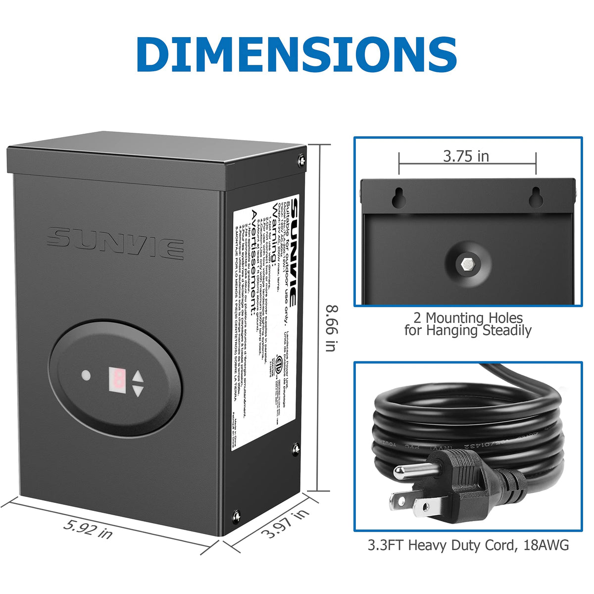 200W Low Voltage Landscape Lighting Transformer with Timer and Photocell Sensor D2407