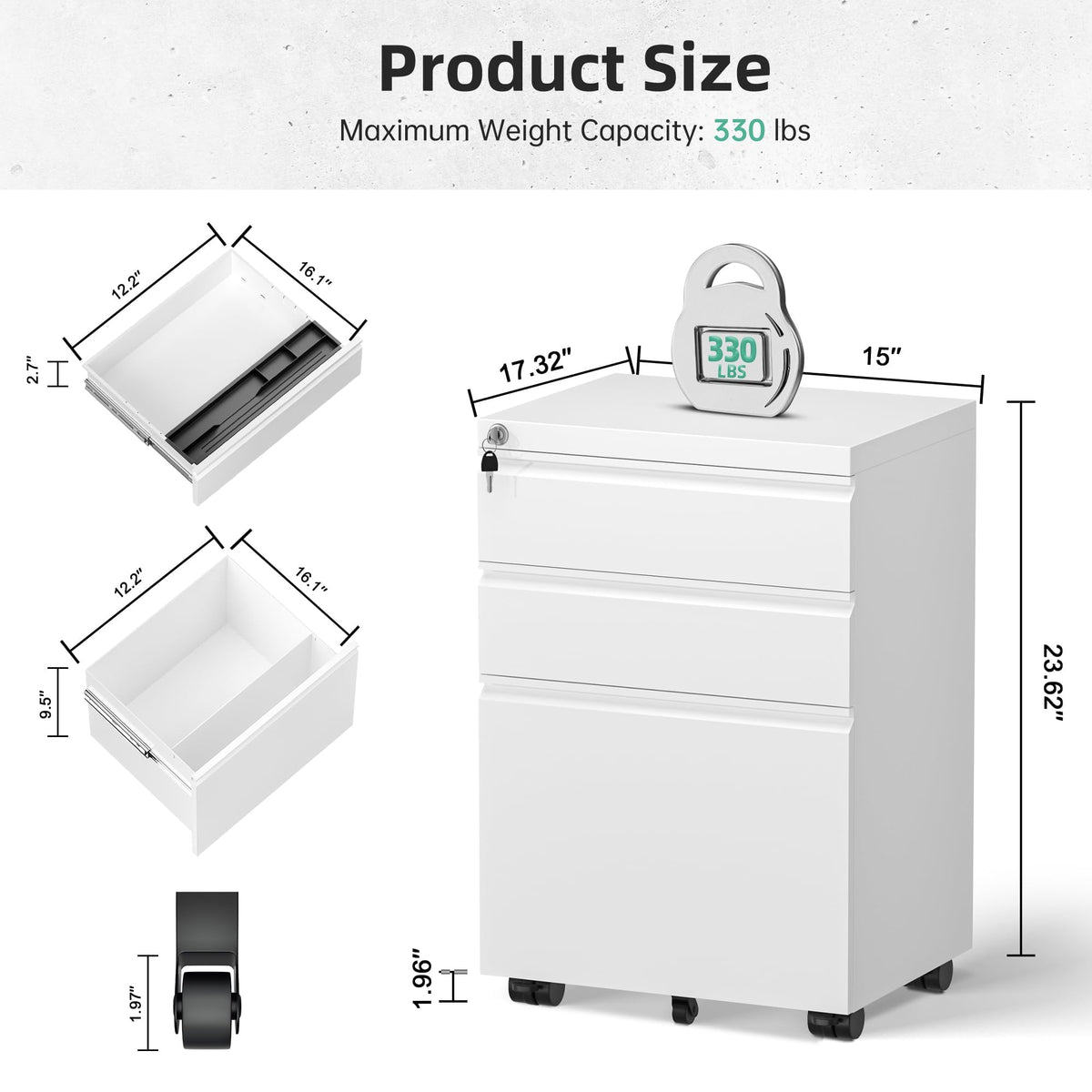 Fully Assembled 3 Drawer White Metal Rolling File Cabinet with Lock W938833