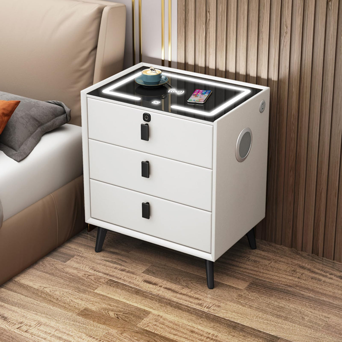 Wooden Nightstand with Wireless Charging Station, USB Port, LED Lights and Fingerprint Lock Drawers D921