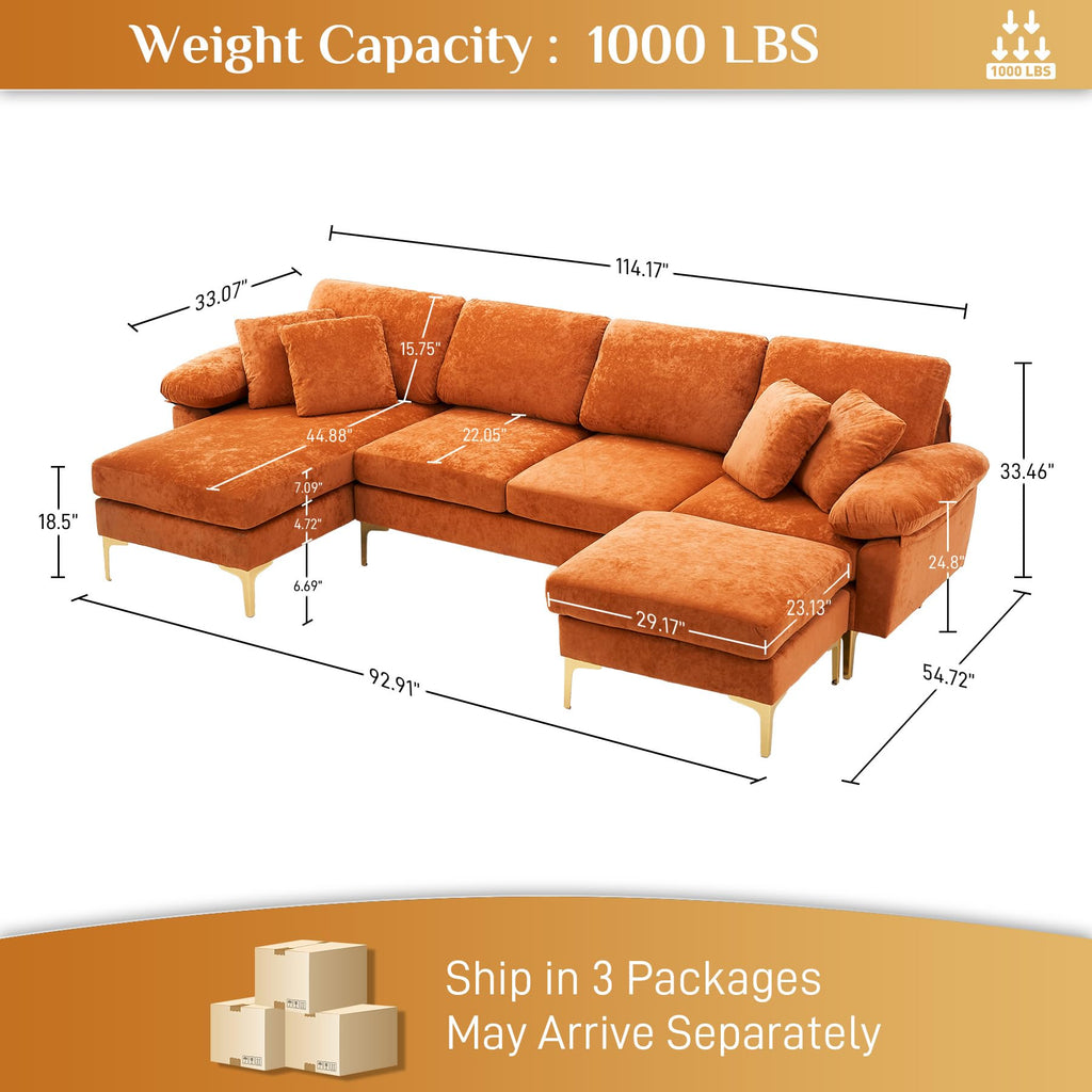 114" U-Shaped Velvet Sectional Couch with Ottoman L198